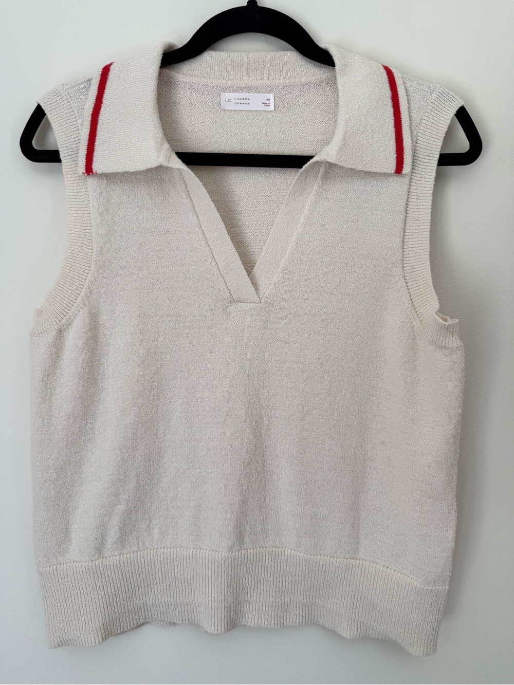 LC Lauren Conrad Cream Knit Polo-Style Sleeveless Vest with Red Trim